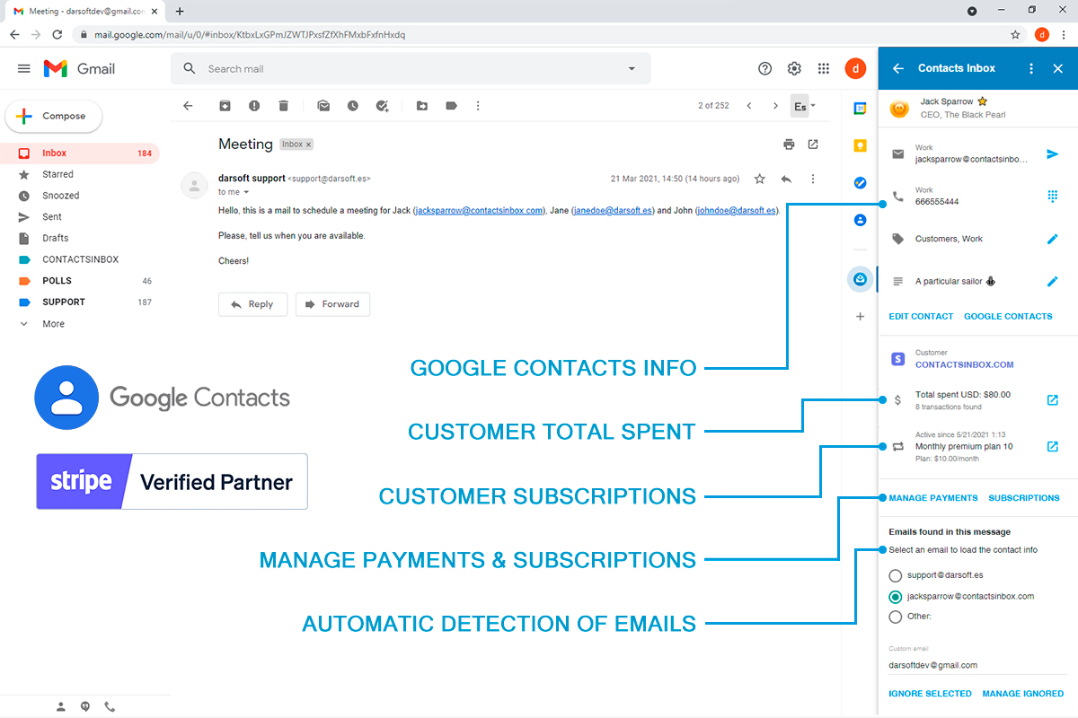 Contacts Inbox Gmail add-on main screen